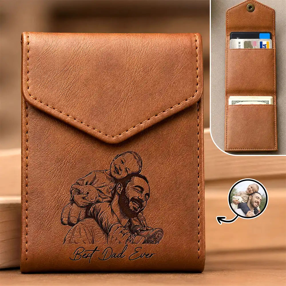Gift For Father, Custom Photo, Art Design, Grateful, Photo - Ink Drawing - Custom Photo Ink Drawing Family Portrait Best Grandpa Dad Ever - Personalized Leather Slim Wallet