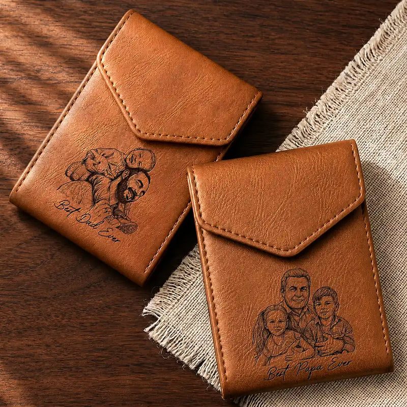 Gift For Father, Custom Photo, Art Design, Grateful, Photo - Ink Drawing - Custom Photo Ink Drawing Family Portrait Best Grandpa Dad Ever - Personalized Leather Slim Wallet