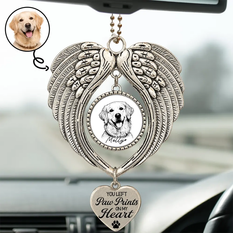 Art Design,Sentimental,Christmas,Pet Lovers,Memorial,Photo - Ink Drawing - Custom Photo Ink Drawing Memorial Pet You Left Paw Prints On My Heart - Personalized Angel Wings Photo Ornament