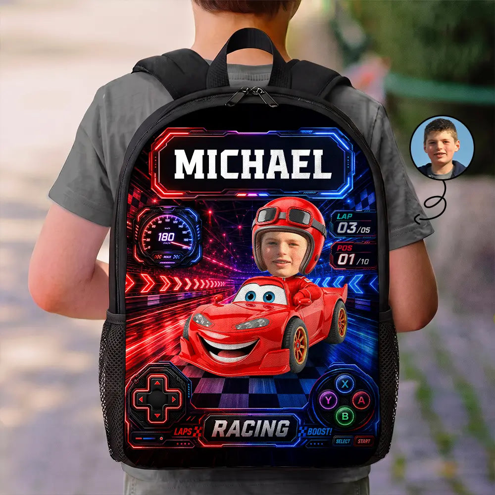 Adorable,Back To School,Custom Photo,Gift For Kids,Cut-Face Photo - Custom Photo Kid Car Racing - Personalized Kids Backpack