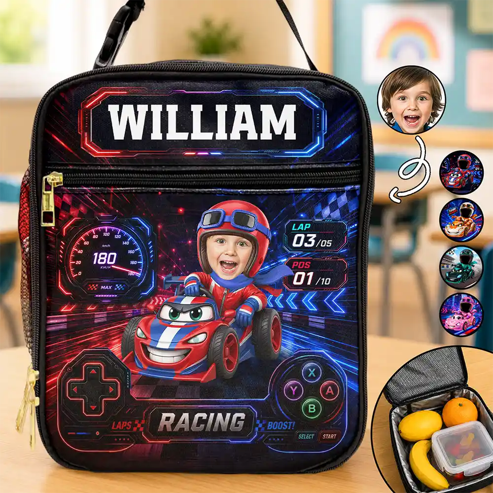 Custom Photo Kid Car Racing - Personalized Kids Lunch Bag