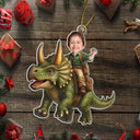 Custom Photo, Gift For Kids, Gift For Grandkids, Happy, Christmas - Custom Photo Kid Riding Dinosaur - Personalized Custom Shaped Acrylic Ornament