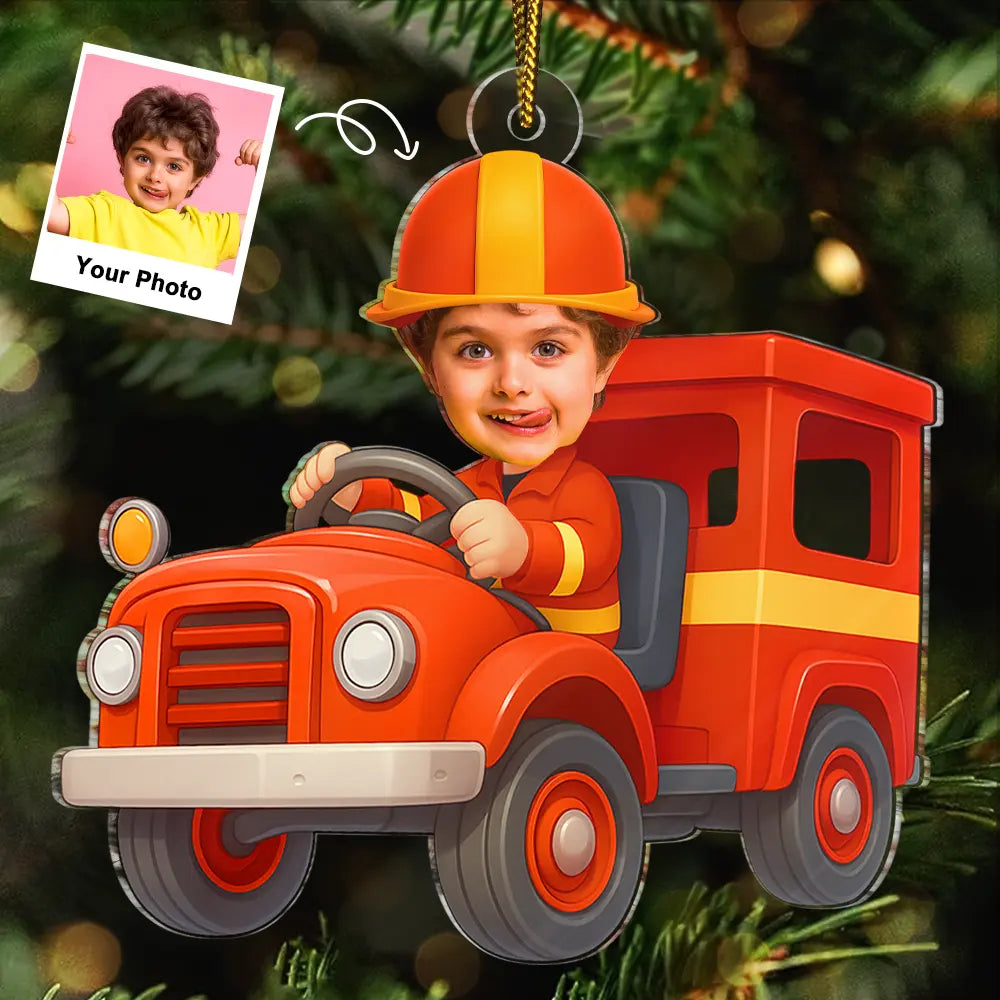 Custom Photo Kid Riding Fire Truck - Personalized Acrylic Photo Ornament