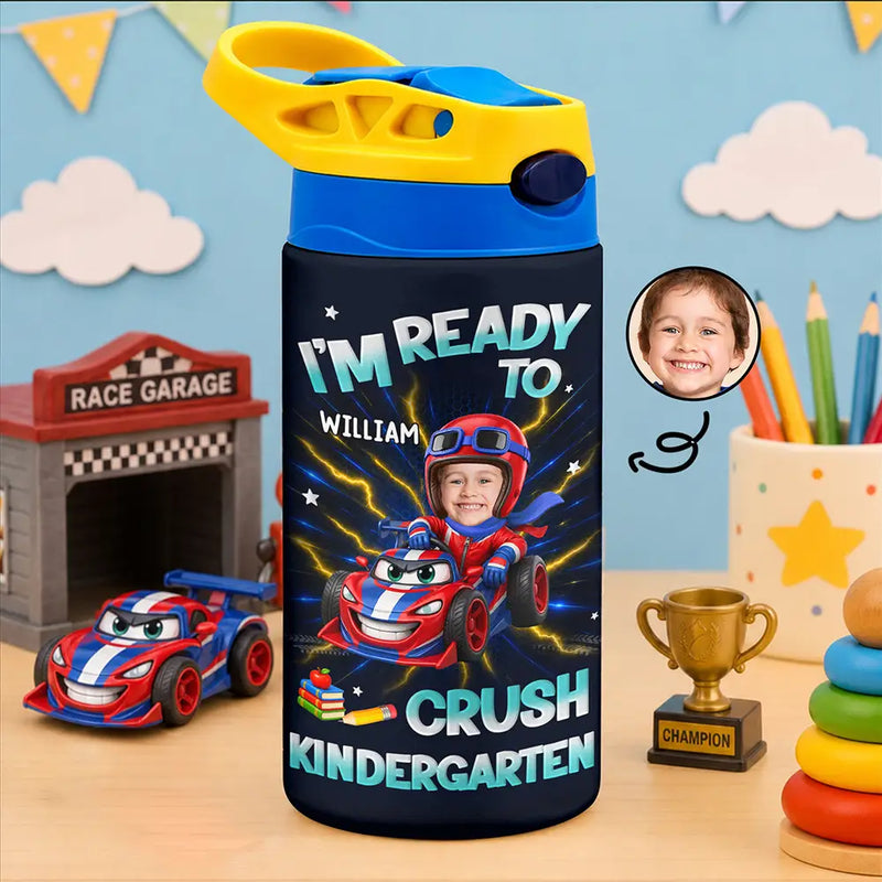 Adorable, Back To School, Custom Photo, Gift For Kids, Cut-Face Photo - Custom Photo Kid Riding Truck Car Ready To Crush Kindergarten - Personalized Insulated Water Bottle With Straw