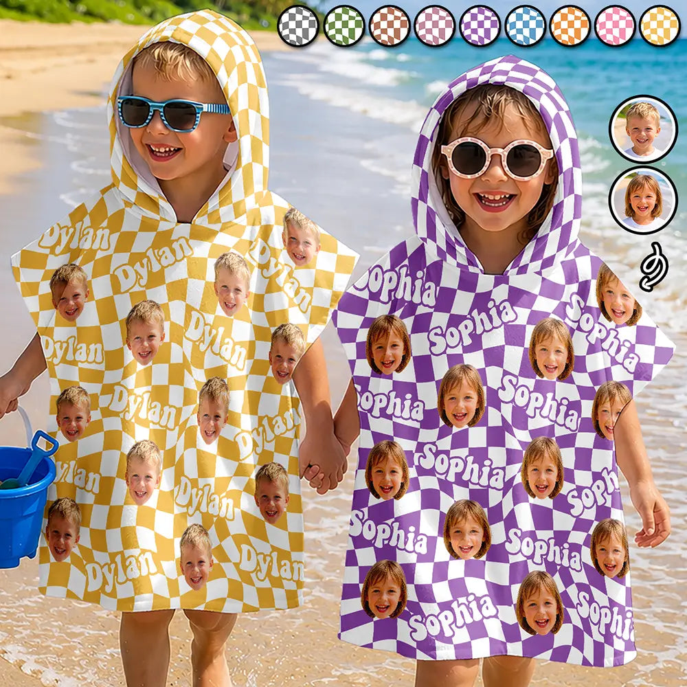 Custom Photo,Gift For Kids,Beach,Summer,Adorable,Cut-Face Photo - Custom Photo Kid Summer Plaid With Name - Personalized Kids Hooded Poncho Towel