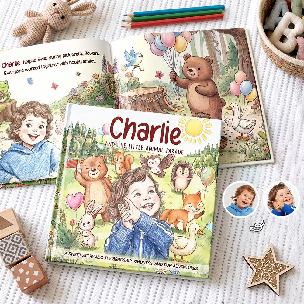 Parents,Art Design,Playful,Back To School,Reading,Photo - Colored Pencil ,Custom Text - Custom Photo Kid's Adventure Little Animal Parade Colored Sketch - Personalized Story Picture Book