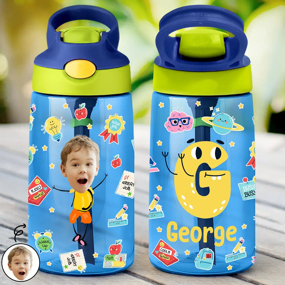Custom Photo Letter School Kid - Personalized Kids Water Bottle With Straw