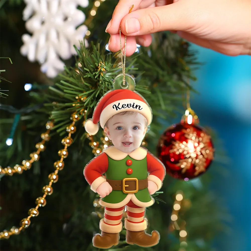 Gift For Kids, Gift For Grandkids, Christmas, Top Market, Happy - Custom Photo Little Elf Kids - Personalized Custom Shaped Acrylic Ornament