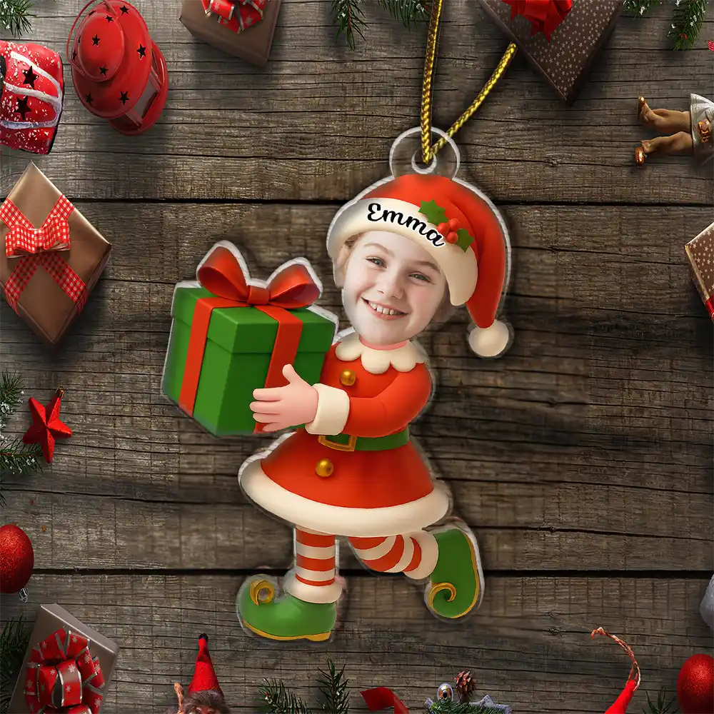 Gift For Kids, Gift For Grandkids, Christmas, Top Market, Happy - Custom Photo Little Elf Kids - Personalized Custom Shaped Acrylic Ornament