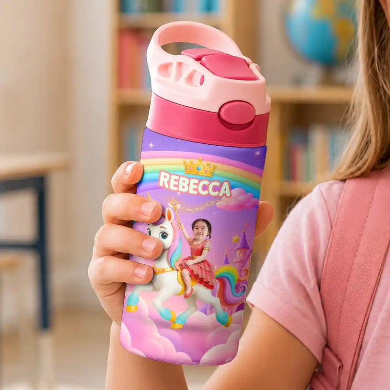 Adorable,Back To School,Custom Photo,Gift For Kids,Cut-Face Photo - Custom Photo Little Girl Princess Unicorn - Personalized Insulated Water Bottle With Strawa