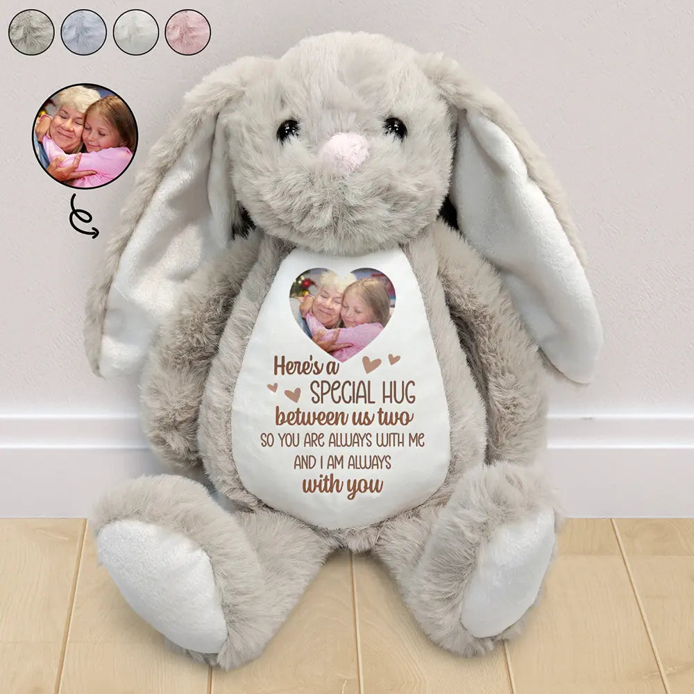 Memorial,Family,Gift For Grandparents,Parents - Custom Photo Memorial Here's A Special Hug - Personalized Soft Toy Bunny