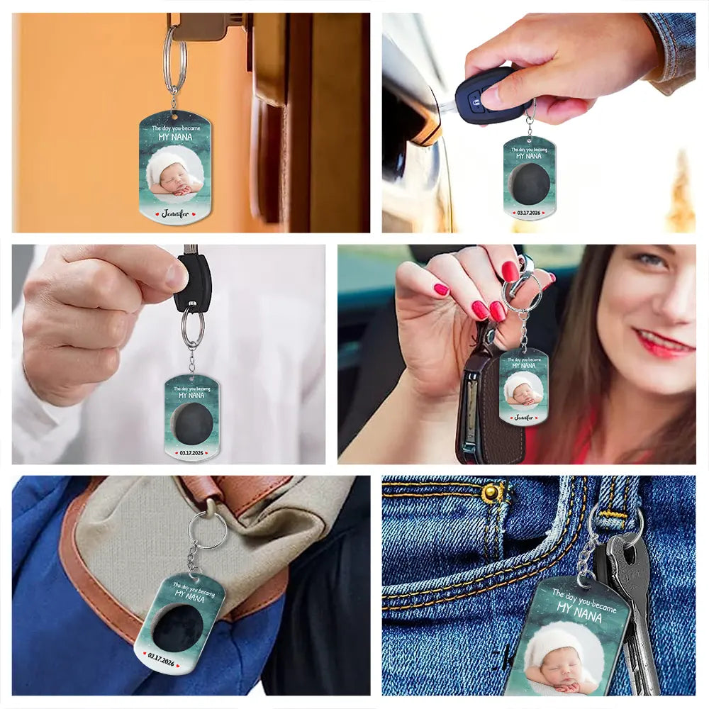 Custom Photo,New Dad,New Mom,New baby,Photo,Moon Phase - Custom Photo Moon Phase The Day You Became My Mom - Personalized Aluminum Keychain