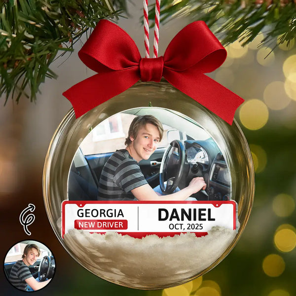 Gift For Yourself,Christmas,Custom Photo,Happy - Custom Photo New Driver - Personalized 3D Acrylic Ball Ornament