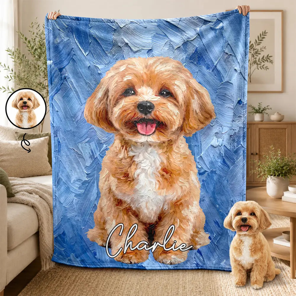 Art Design, Playful, Pet Lovers, Photo - Oil Painting - Custom Photo Oil Painting Pet Dog Cat Portrait - Personalized Fleece Blanket, Sherpa Blanket
