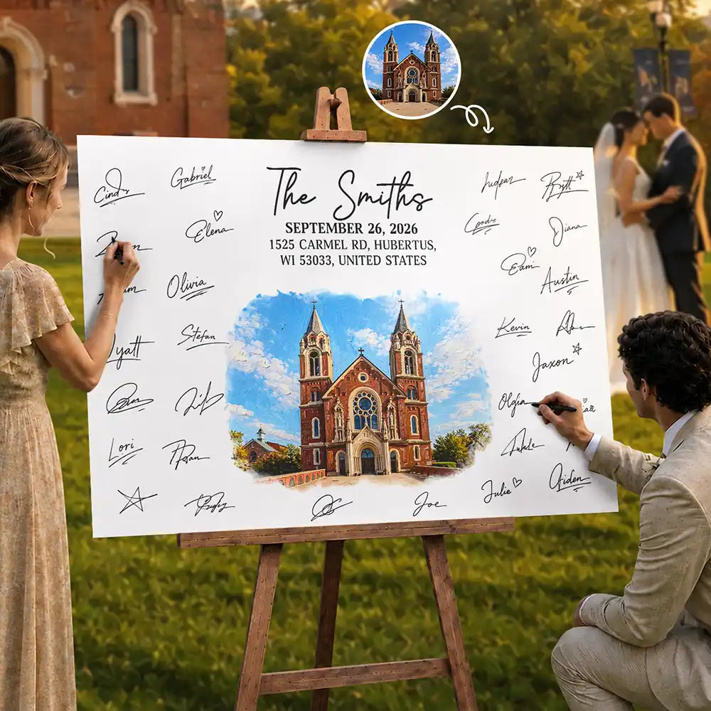 Custom Photo Oil Painting Wedding Venue Guest Book Sign - Personalized Poster