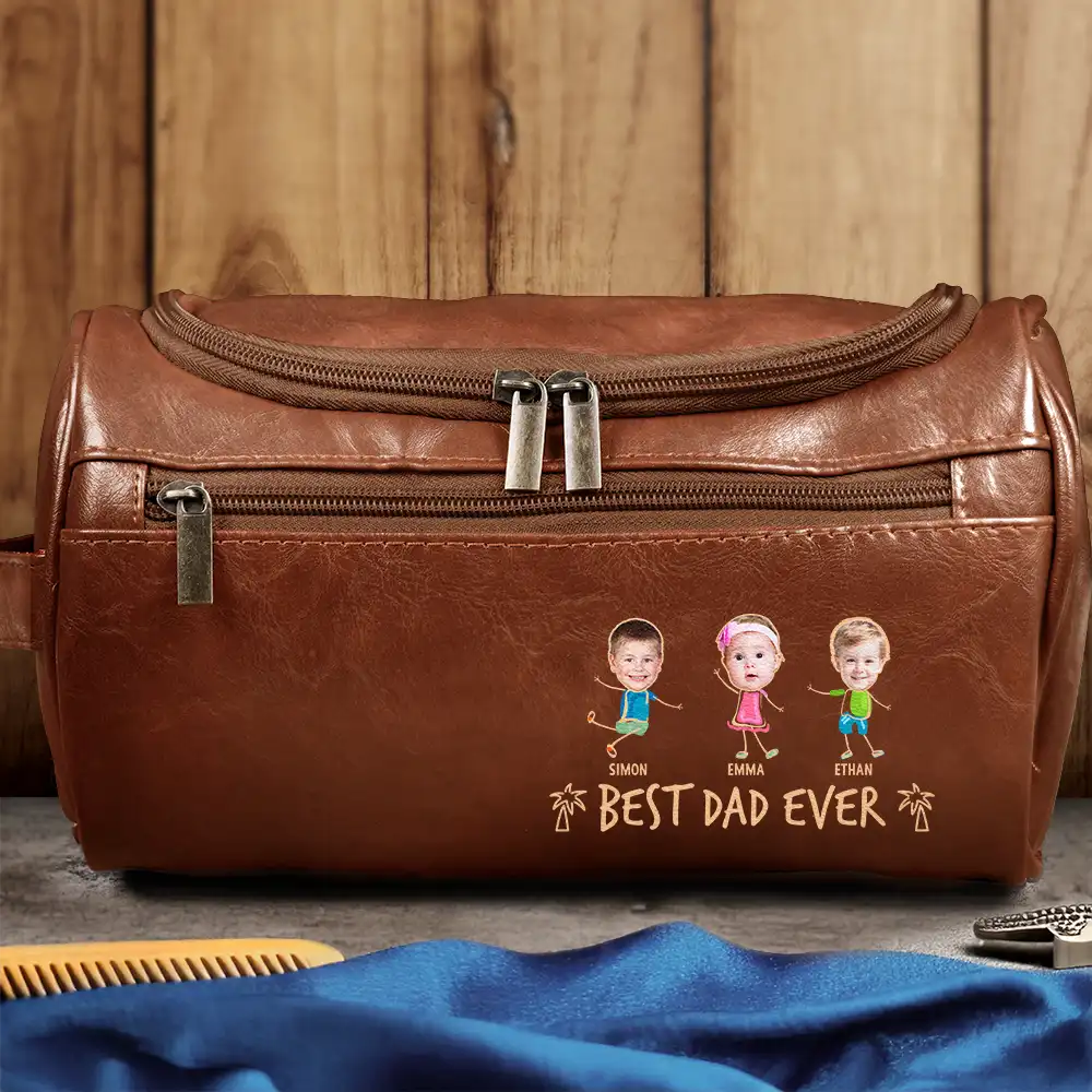 Gift For Husband,Gift For Yourself,Gift For Men,Gift For Grandpa,Gift For Father,Summer - Custom Photo Outline Best Dad Ever - Personalized Leather Toiletry Bag
