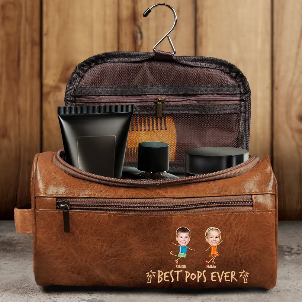Gift For Husband,Gift For Yourself,Gift For Men,Gift For Grandpa,Gift For Father,Summer - Custom Photo Outline Best Dad Ever - Personalized Leather Toiletry Bag
