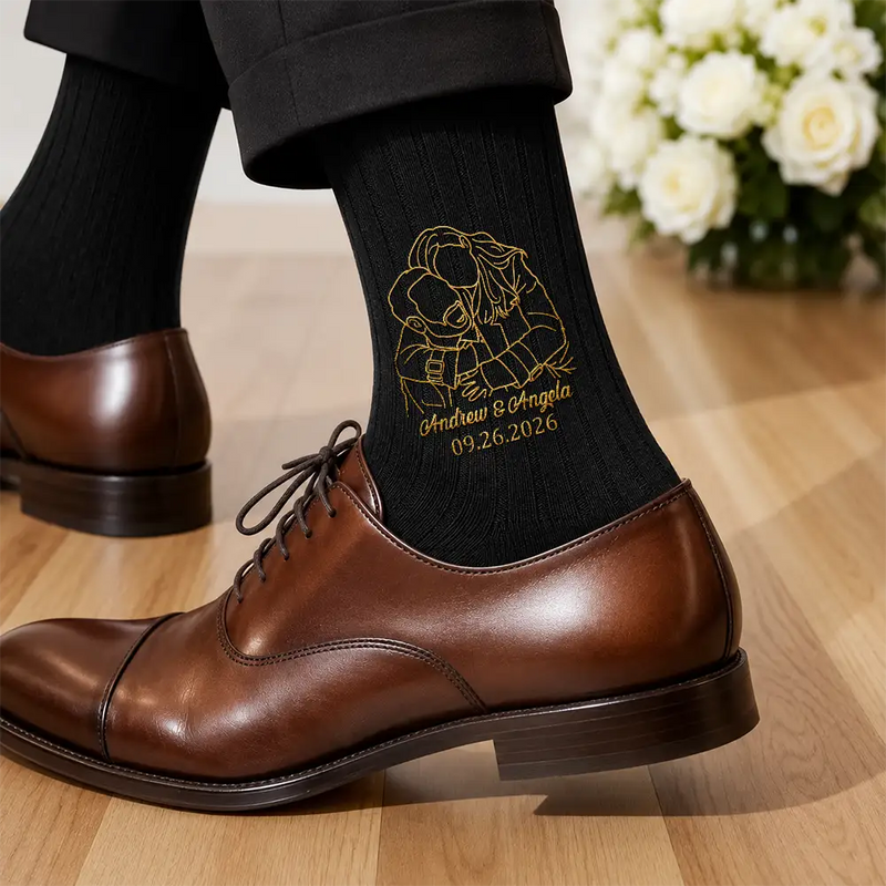Gift For Husband, Gift For Couples, Custom Photo, Art Design, Wedding, Romantic, Photo - Outline Sketch - Custom Photo Outline Sketch Couple Romantic Portrait - Personalized Embroidered Socks