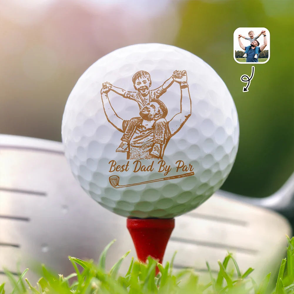 Gift For Father, Sport Dad, Golf, Custom Photo, Happy - Custom Photo Pencil Drawing Best Dad By Par - Personalized Golf Ball