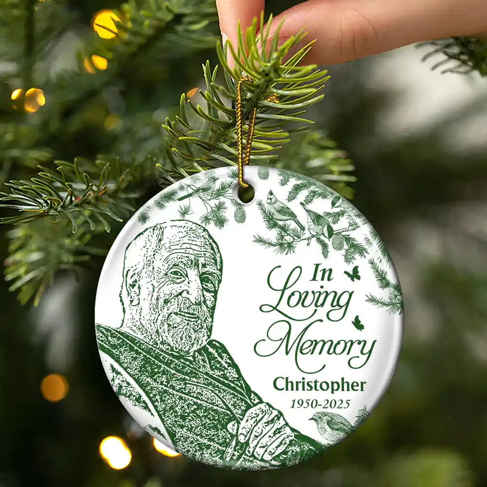 Family,Custom Photo,Sad,Christmas - Custom Photo Pencil Drawing Toile De Jouy Memorial Although You Cannot See Me - Personalized Circle Ceramic Ornament