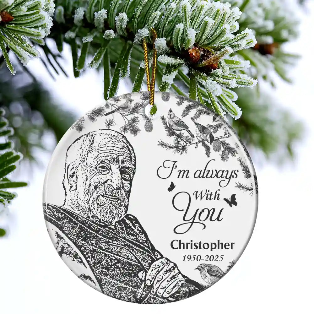 Family,Custom Photo,Sad,Christmas - Custom Photo Pencil Drawing Toile De Jouy Memorial Although You Cannot See Me - Personalized Circle Ceramic Ornament