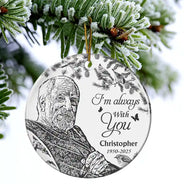 Family,Custom Photo,Sad,Christmas - Custom Photo Pencil Drawing Toile De Jouy Memorial Although You Cannot See Me - Personalized Circle Ceramic Ornament