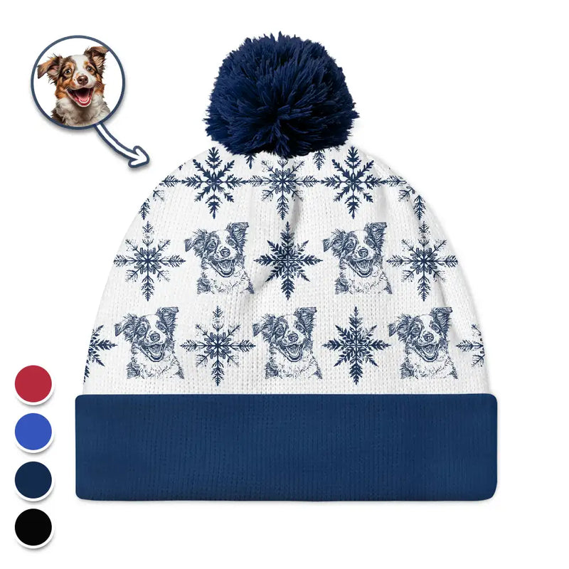 Gift For Yourself,Gift For Women,Gift For Men,Pet Lovers,Pet Mom,Pet Dad,Dog Lovers,Dog Mom,Dog Dad,Cat Mom,Cat Lovers,Cat Dad,Love,Christmas - Custom Photo Pencil Drawing Toile De Jouy Snowflakes - Personalized Bobble Beanie Hat