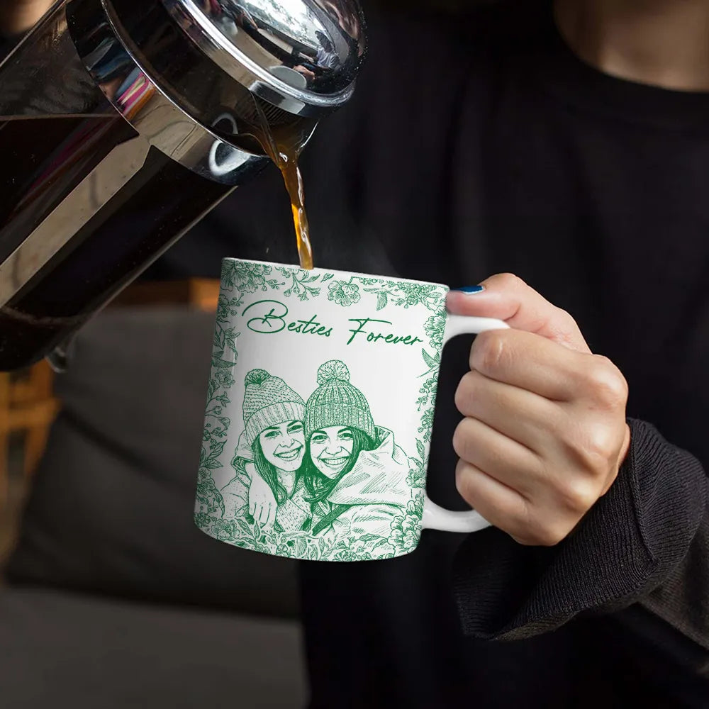 Gift For Bestie, Gift For Women, Gift For Sisters, Happy - Custom Photo Pencil Sketch A True Friendship Is A Journey Without An End - Personalized White Edge-to-Edge Mug