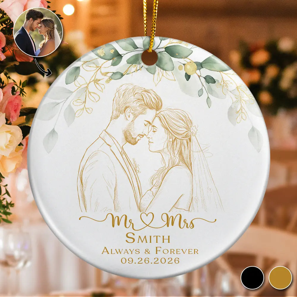 Custom Photo Pencil Sketch Always & Forever Couple First Christmas - Personalized Circle Ceramic Ornament