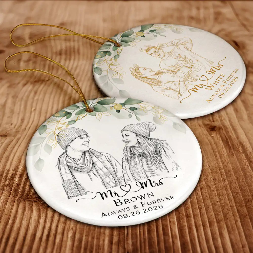 First Christmas,Art Design,Christmas,Romantic,Gift For Couples,Photo - Pencil Sketch - Remove BG - Custom Photo Pencil Sketch Always & Forever Couple First Christmas - Personalized Circle Ceramic Ornament