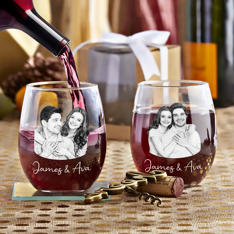 Family,Gift For Bestie,Dog Lovers,Cat Lovers,Happy,Custom Photo,Gift For Mother,Gift For Father - Custom Photo Pencil Sketch Art Family Besties Dog Cat Portrait - Personalized Stemless Wine Glass