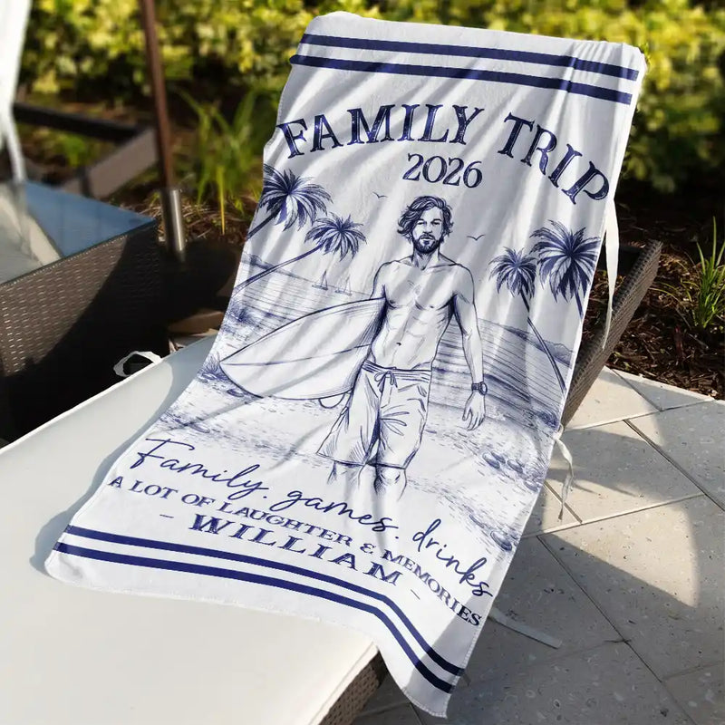 Beach,Gift For Bestie,Family,Happy,Summer - Custom Photo Pencil Sketch Art Girls Trip A Lot Of Laughter & Memories - Personalized Beach Towel