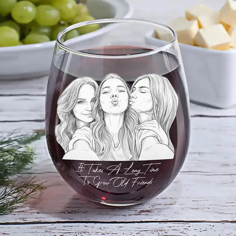 Art Design, Gift For Bestie, Humorous, Custom Photo, Photo - Pencil Sketch - White BG - Custom Photo Pencil Sketch Art Right In The Throat Besties - Personalized Stemless Wine Glass