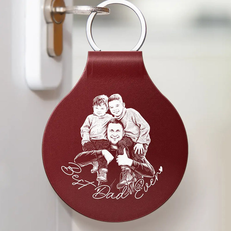 Gift For Father,Gift For Grandpa,Dog Dad,Cat Dad,Pet Dad,Family,Non-Eng,Photo - Pencil Sketch,Confident - Custom Photo Pencil Sketch Best Dad Ever - Personalized Custom Shaped Leather Keychain