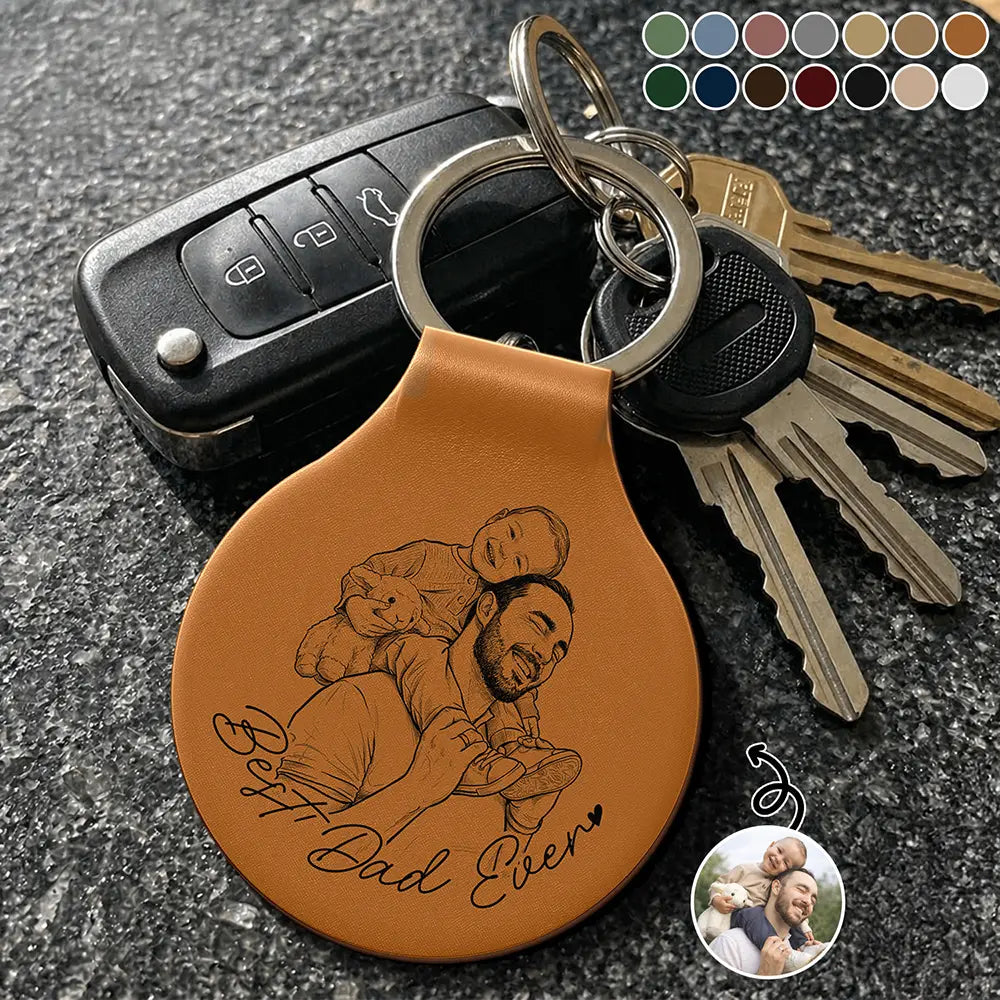 Custom Photo Pencil Sketch Best Dad Ever - Personalized Custom Shaped Leather Keychain