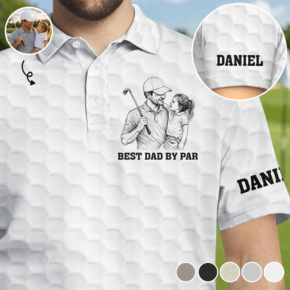 Gift For Grandpa,Gift For Father,Golf,Non-Eng,Photo - Pencil Sketch,Proud - Custom Photo Pencil Sketch Best Dad Grandpa By Par - Personalized Polo Shirt