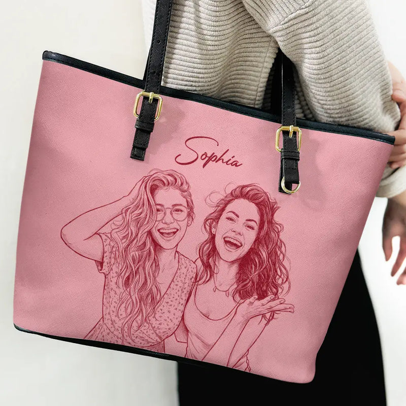 Art Design,Playful,Beach,Summer,Pet Lovers,Photo - Pencil Sketch - Remove BG - Custom Photo Pencil Sketch Besties Family Pet Funny Portrait - Personalized Leather Tote Bag