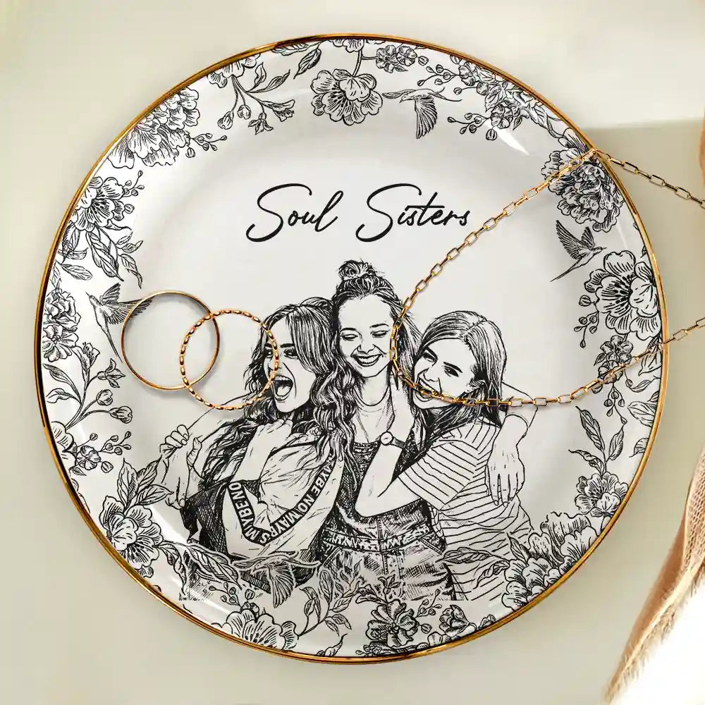 Gift For Bestie,Gift For Women,Gift For Sisters,Happy - Custom Photo Pencil Sketch Besties Forever - Personalized Ring Dish
