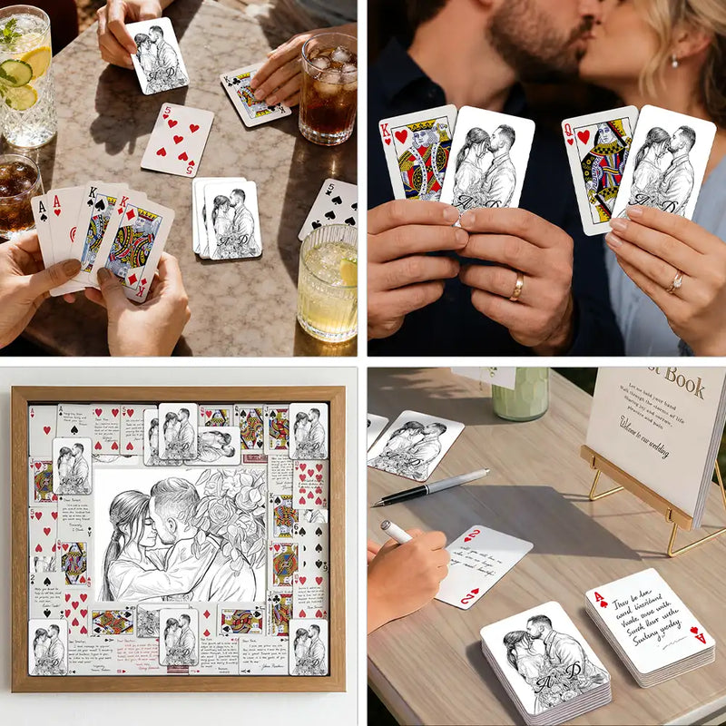 Art Design,Romantic,Gift For Couples,Wedding,Photo - Pencil Sketch - Bold,Monogram - Custom Photo Pencil Sketch Bride Groom Monogram Guest Book - Personalized Playing Cards