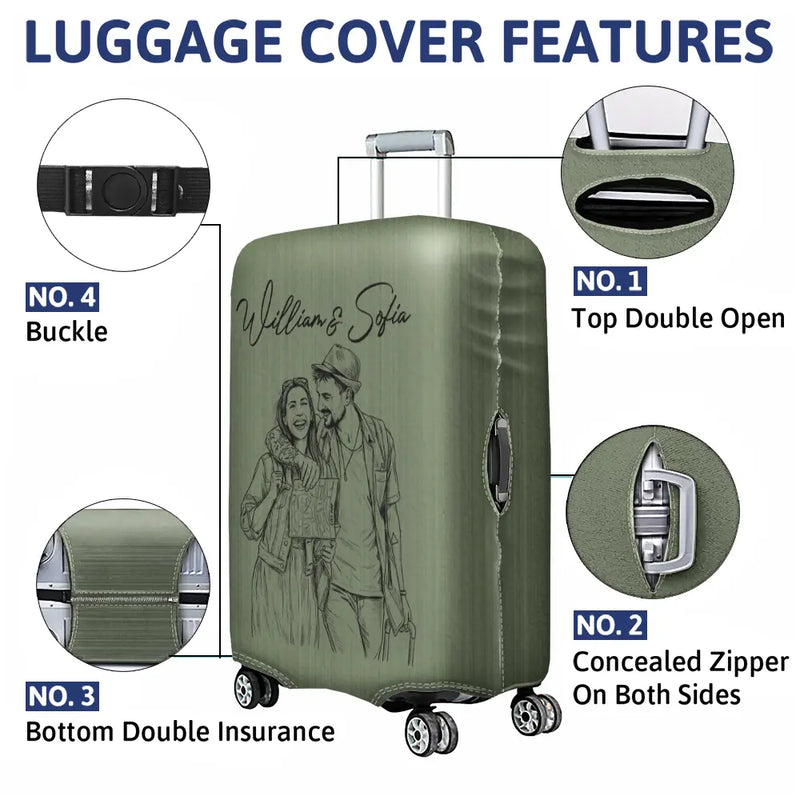 Custom Photo, Beach, Art Design, Summer, Pet Lovers, Playful, Photo - Pencil Sketch - Remove BG - Custom Photo Pencil Sketch Couple Besties Family Pet Funny Portrait - Personalized Luggage Cover