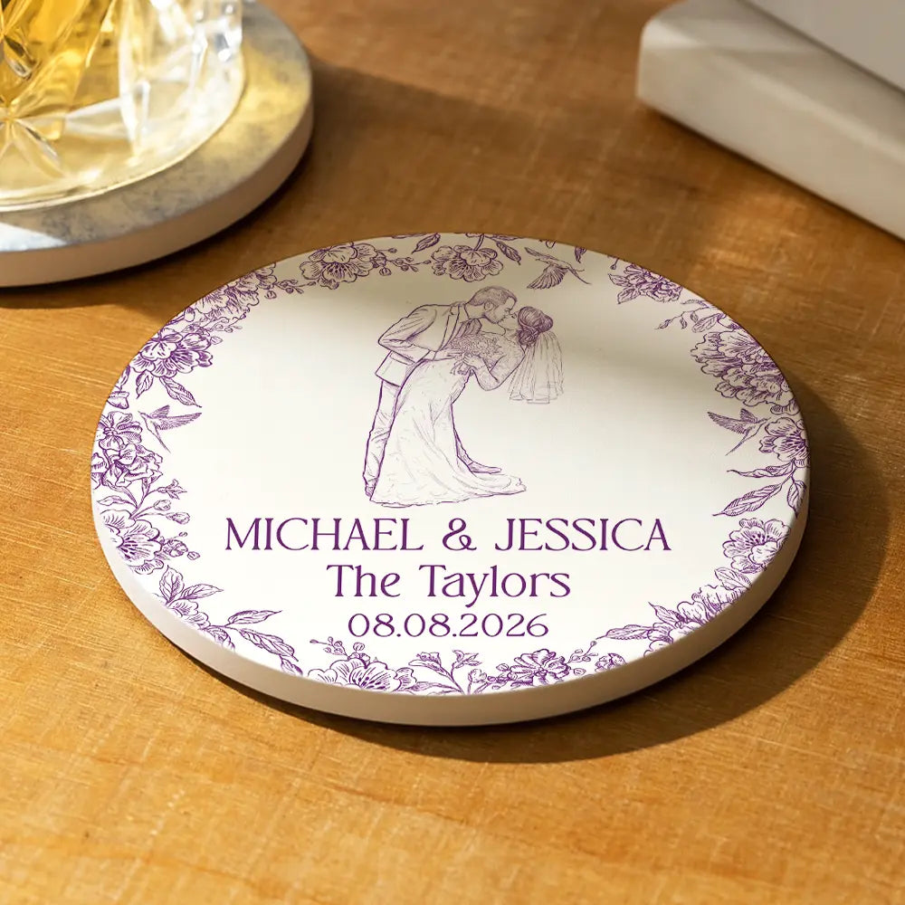 Art Design, Custom Photo, Married Couple, Romantic, Gift For Couples, Wedding, Photo - Pencil Sketch - Remove BG - Custom Photo Pencil Sketch Couples Wedding Engaged Bachelor Party - Personalized Ceramic Coaster
