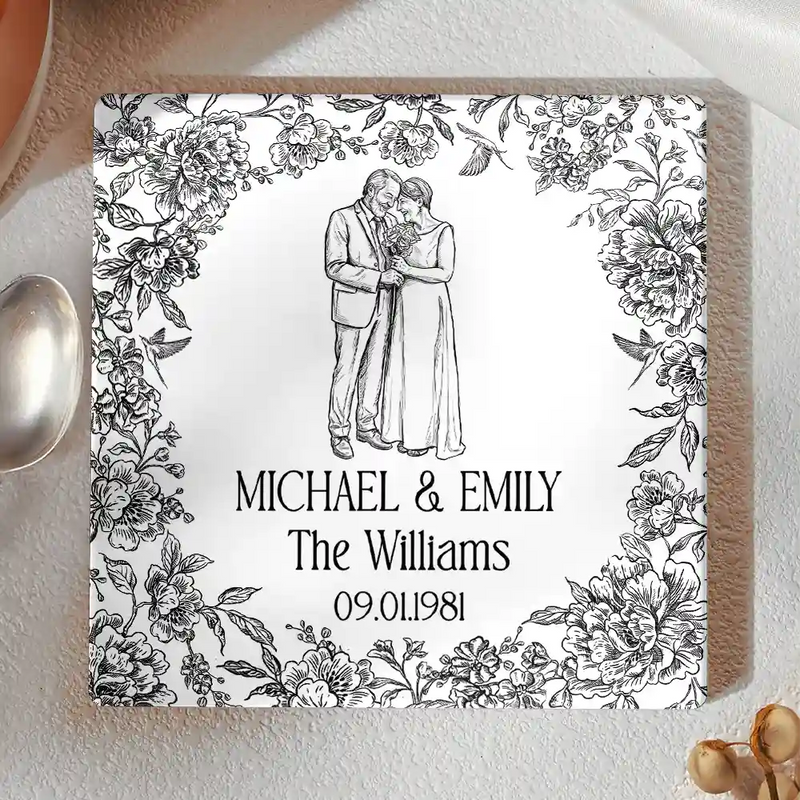 Art Design, Custom Photo, Married Couple, Romantic, Gift For Couples, Wedding, Photo - Pencil Sketch - Remove BG - Custom Photo Pencil Sketch Couples Wedding Engaged Bachelor Party - Personalized Ceramic Coaster