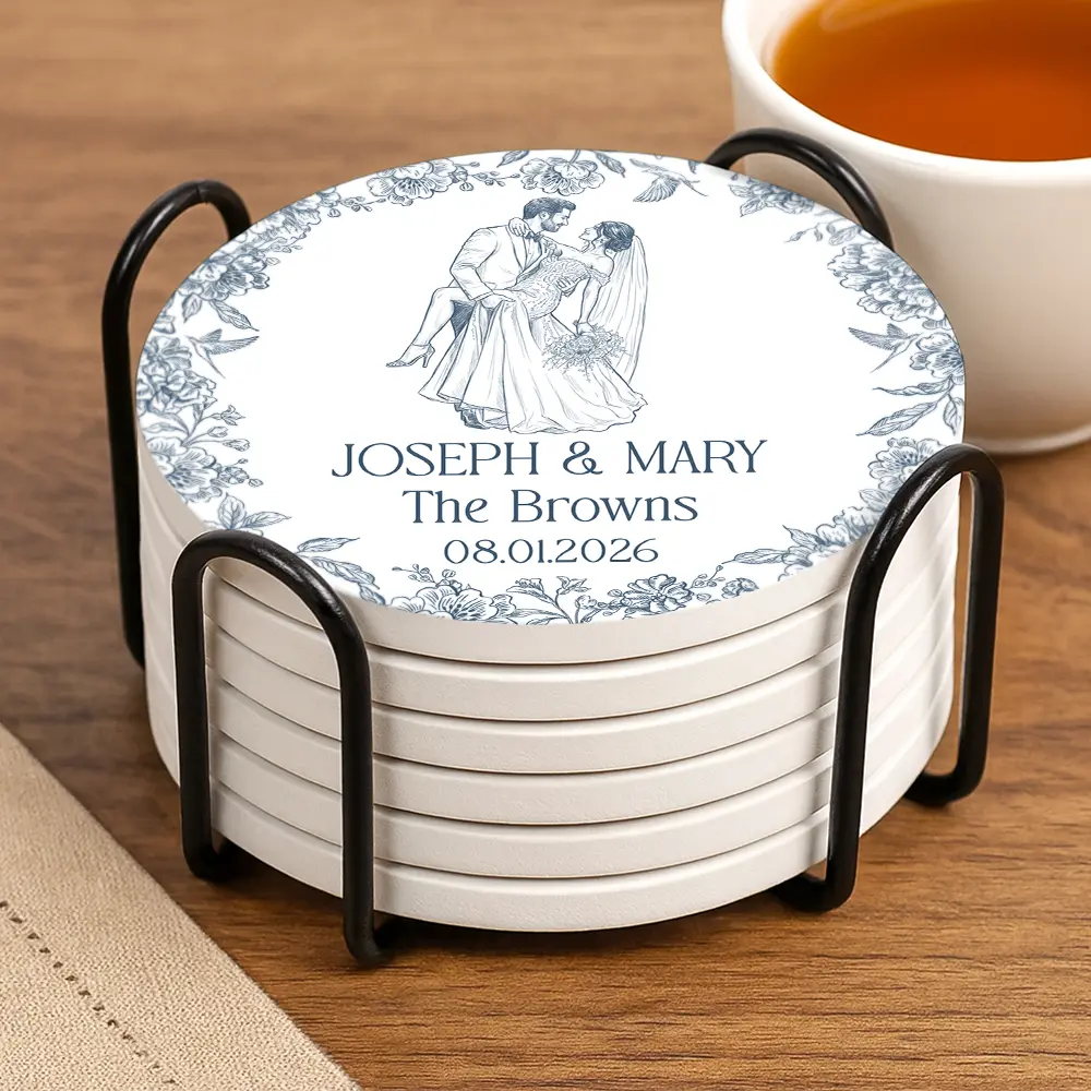 Art Design, Custom Photo, Married Couple, Romantic, Gift For Couples, Wedding, Photo - Pencil Sketch - Remove BG - Custom Photo Pencil Sketch Couples Wedding Engaged Bachelor Party - Personalized Ceramic Coaster