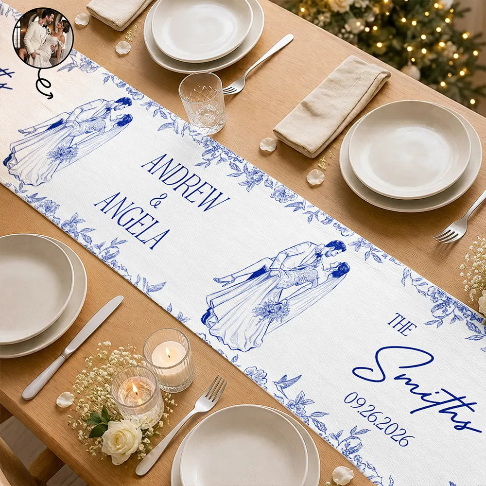 Art Design, Custom Photo, Married Couple, Romantic, Gift For Couples, Wedding, Photo - Pencil Sketch - Remove BG - Custom Photo Pencil Sketch Couples Wedding Engaged Bachelor Party - Personalized Table Runner