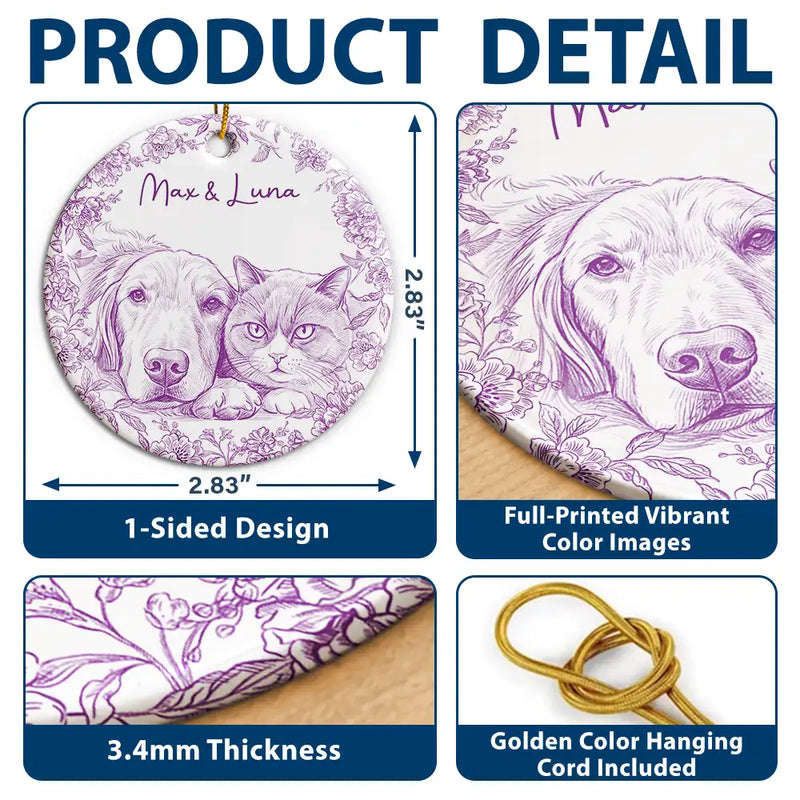 Art Design,Christmas,Pet Lovers,Photo - Pencil Sketch - Remove BG,Happy - Custom Photo Pencil Sketch Cute Dog Cat Portrait - Personalized Circle Ceramic Ornament