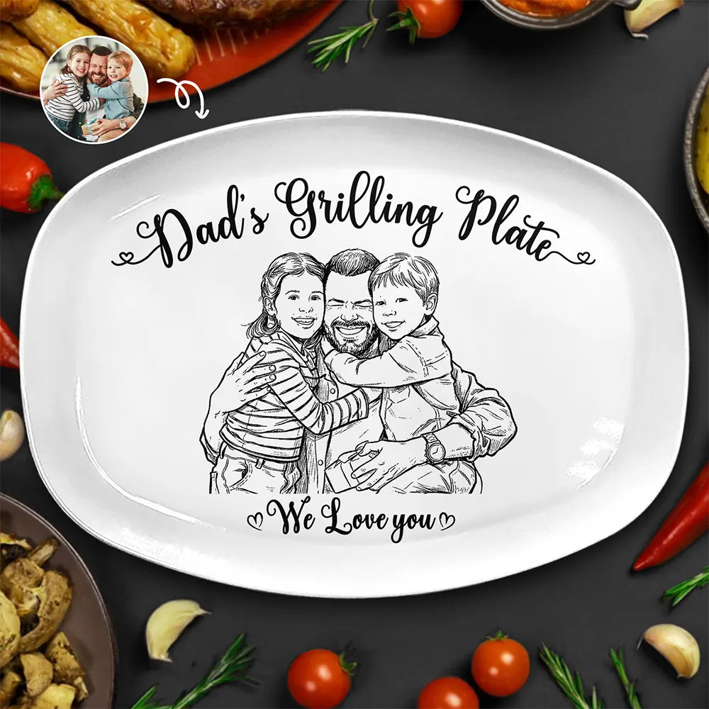 Custom Photo Pencil Sketch Dad's Grilling Plate - Personalized Plate