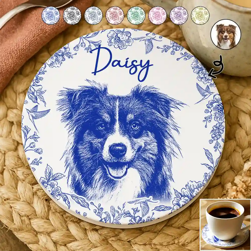 Pet Lovers,Pet Mom,Pet Dad,Dog Lovers,Dog Mom,Dog Dad,Cat Lovers,Cat Mom,Cat Dad,Love,Custom Photo - Custom Photo Pencil Sketch Dog Cat Portrait - Personalized Ceramic Coaster