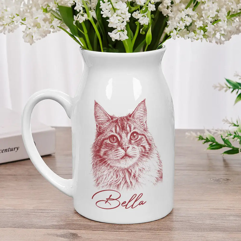 Family, Gift For Bestie, Dog Lovers, Cat Lovers, Happy, Custom Photo, Gift For Mother, Gift For Father - Custom Photo Pencil Sketch Family Besties Dog Cat Portrait - Personalized Ceramic Flower Vase