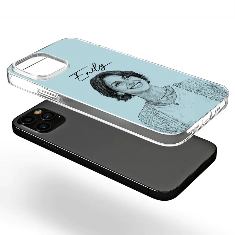 Family,Gift For Bestie,Dog Lovers,Cat Lovers,Happy,Custom Photo,Gift For Mother,Gift For Father - Custom Photo Pencil Sketch Family Besties Dog Cat Portrait - Personalized Clear Phone Case