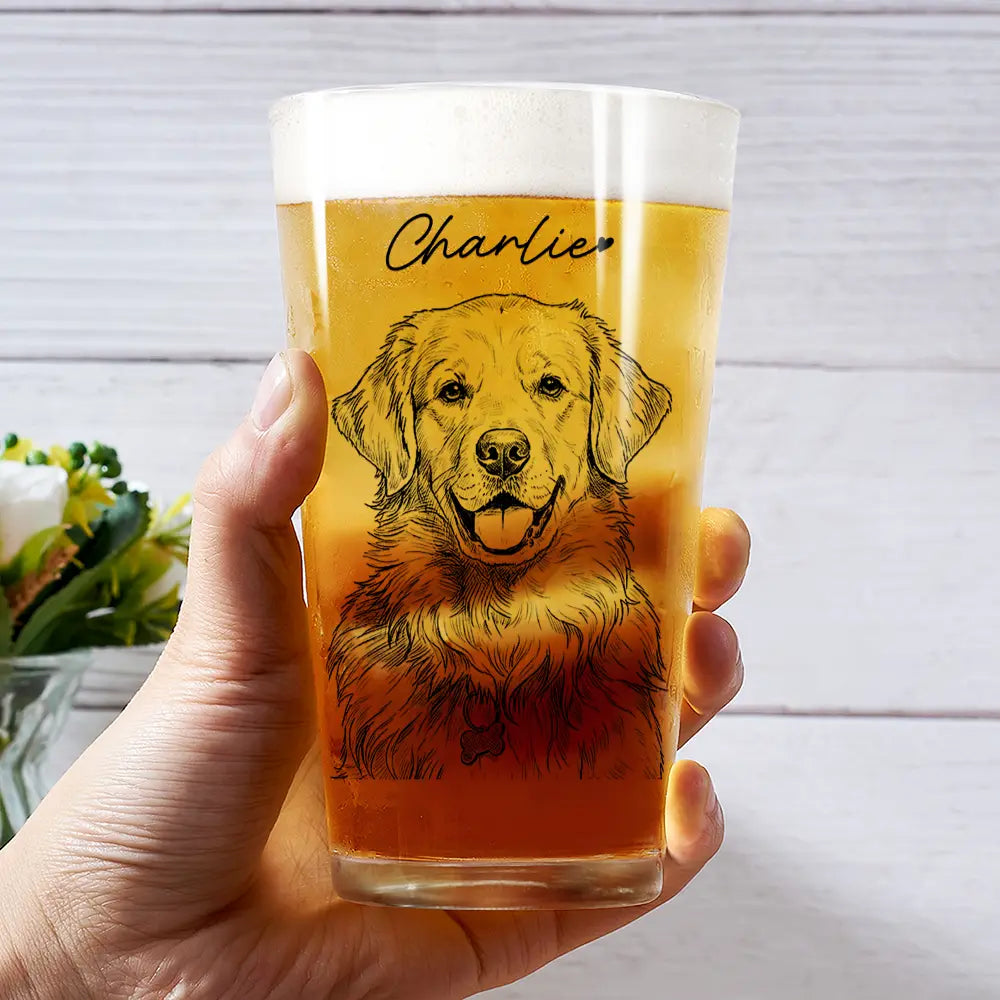 Gift For Father,Gift For Grandpa,Pet Lovers,Pet Mom,Pet Dad,Dog Lovers,Dog Mom,Dog Dad,Cat Lovers,Cat Mom,Cat Dad,Non-Eng,Photo - Pencil Sketch,Humorous - Custom Photo Pencil Sketch Family Dog Cat Portrait - Personalized Beer Glass
